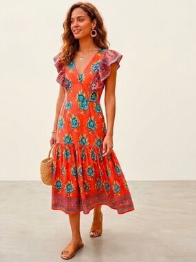 Anthropologie Kopal Handmade Midi Dress with Blue Floral Size XS